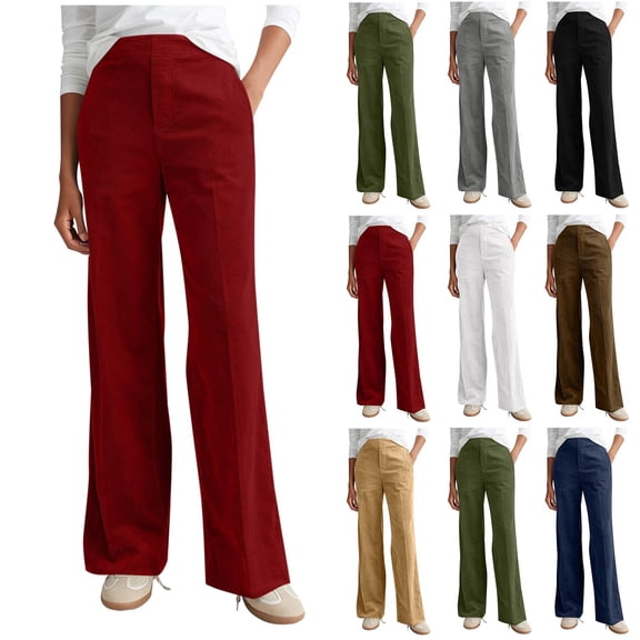 Pincandy Women's Solid Color Fashion Half Elastic Waist Corduroy Wide Leg Pants with Pockets, Loose Fit, Casual & Daily Wear