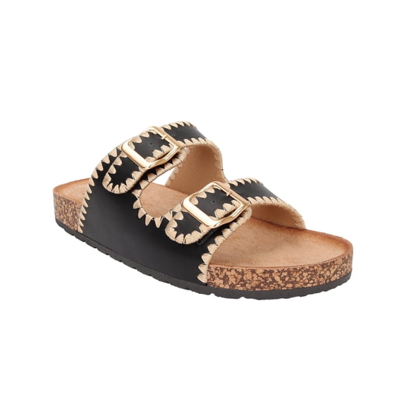 Women's Woven Double Buckle Sandals – Comfortable Cork Footbed Slide Sandals
