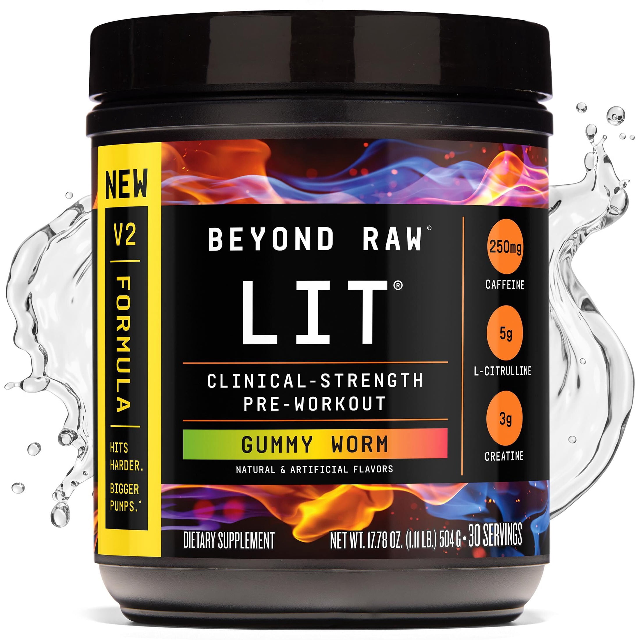 BEYOND RAW LIT V2 Clinical Strength Pre Workout Powder, Hits Harder, Bigger Pumps, Caffeine, L-Citrulline, Creatine, Gummy Worm, 30 Servings