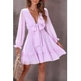 thumbnail image 1 of Women's Deep V Neck Lantern Sleeve Knotted Tiered Mini Dress, 1 of 19