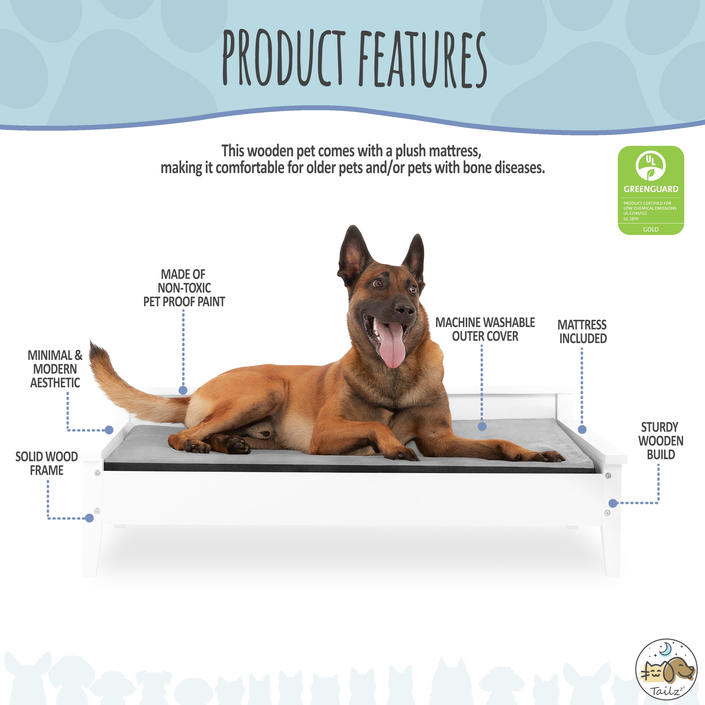 TailZzz Winston Large Elevated Wooden Pet Bed with Mattress, White