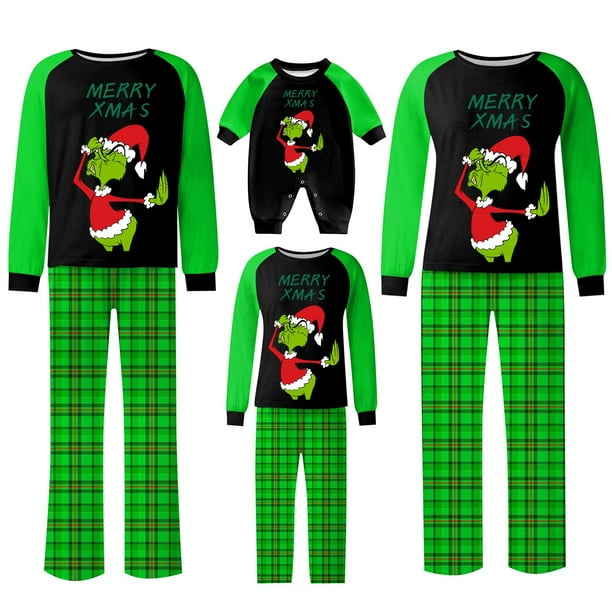 Conjuntos de pijamas navideños familiares a juego Grinch 2024, pijama de Grinch con parte superior y pantalones de pijama a cuadros, pijama de Grinch para niños y adultos para la familia, Mujer M