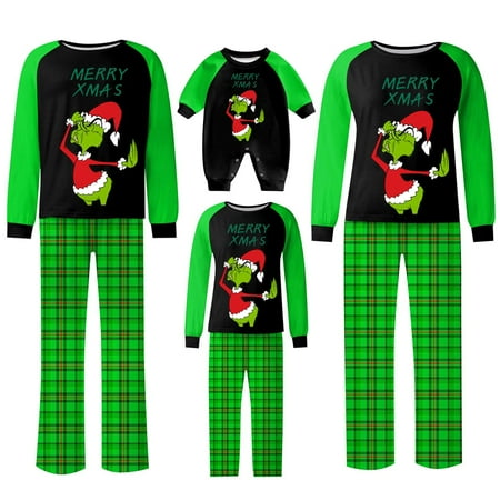 

2024 Christmas Grinch Family Matching Sleepwear Christmas Family Matching Long-Sleeved Round Neck Top Grinch Print Jammies for Baby Kid Couples Youth Grinch Dress Up