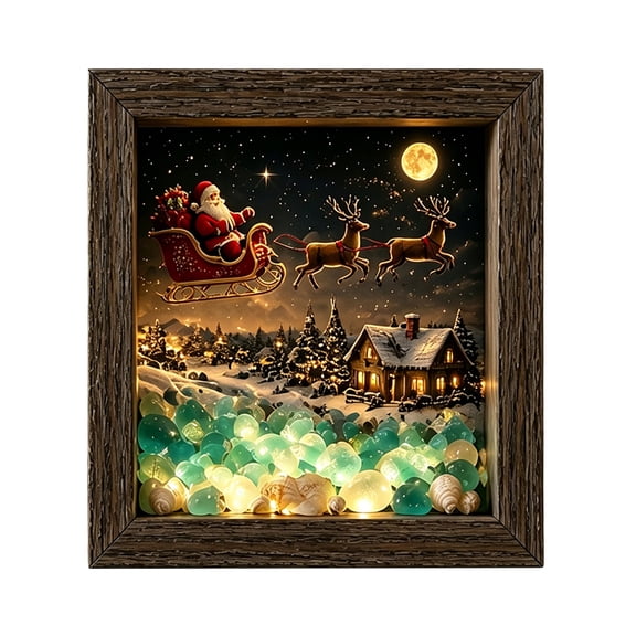 Yucurem Coastal Sleigh Sea Glass Shadow Box Night Light, Handmade Seascape Art Frame Decorative Warm Glow for Christmas Birthday Shelf, Entryway Decor