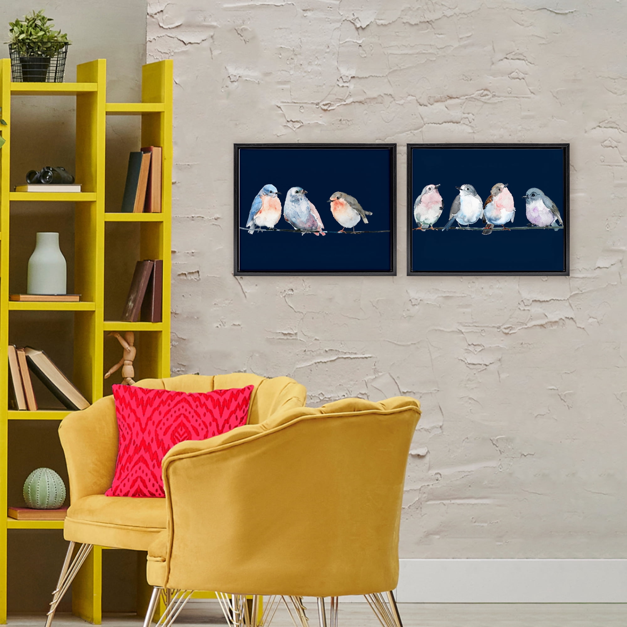 Stupell Industries Perched Navy Toned Birds 2 Piece Black Framed Floater Canvas Set, design by Lorenzo Collective