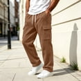 thumbnail image 2 of SeCaotees Multi‑Pocket Straight Leg Cargo Pants for Men Drawstring Waist Relaxed Fit Lightweight Fabric Urban Daily Casual Trousers Coffee,M, 2 of 9