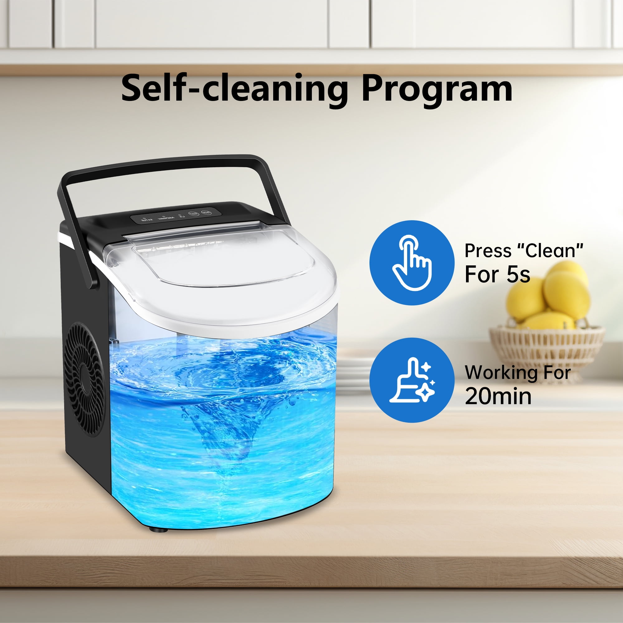 HUMSURE Countertop Ice Maker Machine with Handle, 26lbs  Per Day, 9 Ice Cubes Ready in 7 Mins, Self-Cleaning Portable Ice Maker with Basket and Scoop, for Home/Party/Kitchen/Camping/RV(Black)
