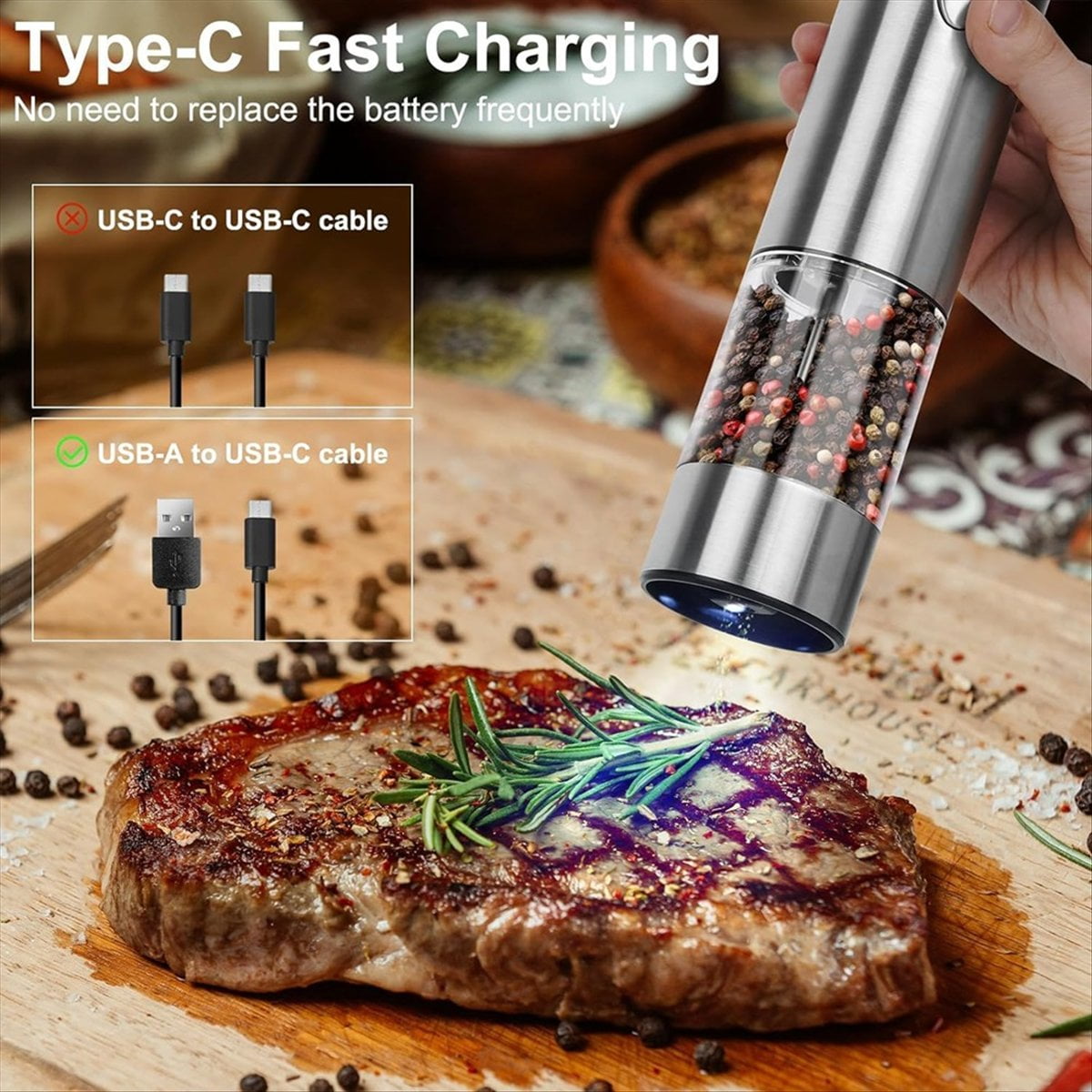 Electric Salt and Pepper Grinder Rechargeable Automatic Pepper Mill with Adjustable Coarsenes with LED Light-B