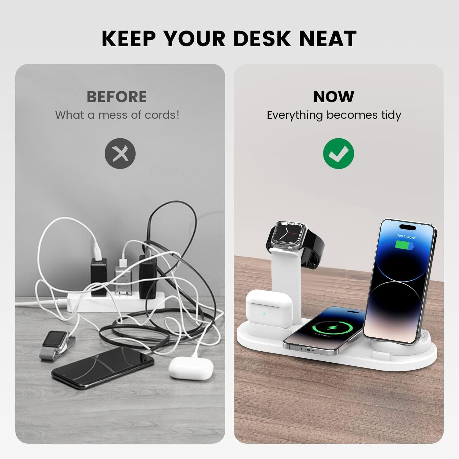 6 in 1 Wireless Charging Station - Multi-Function Charging Dock, Qi 15W Fast Wireless Charger, Compatible with iPhones, Apple Watch, AirPods & Multiple Devices