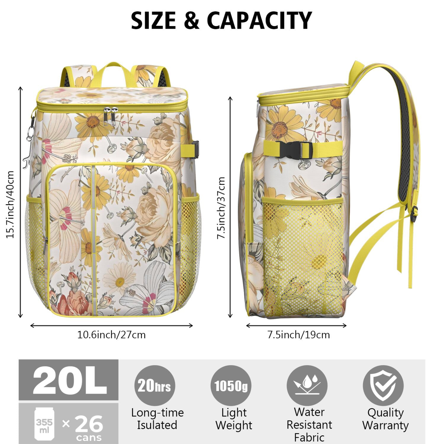 Travel Cooler Bag - Pioneer Flower Floral Print Pattern Camping Beer Cooler Backpack with Bottle Opener- Waterproof Insulated Picnic Backpacks - Cooler Bag for Beach
