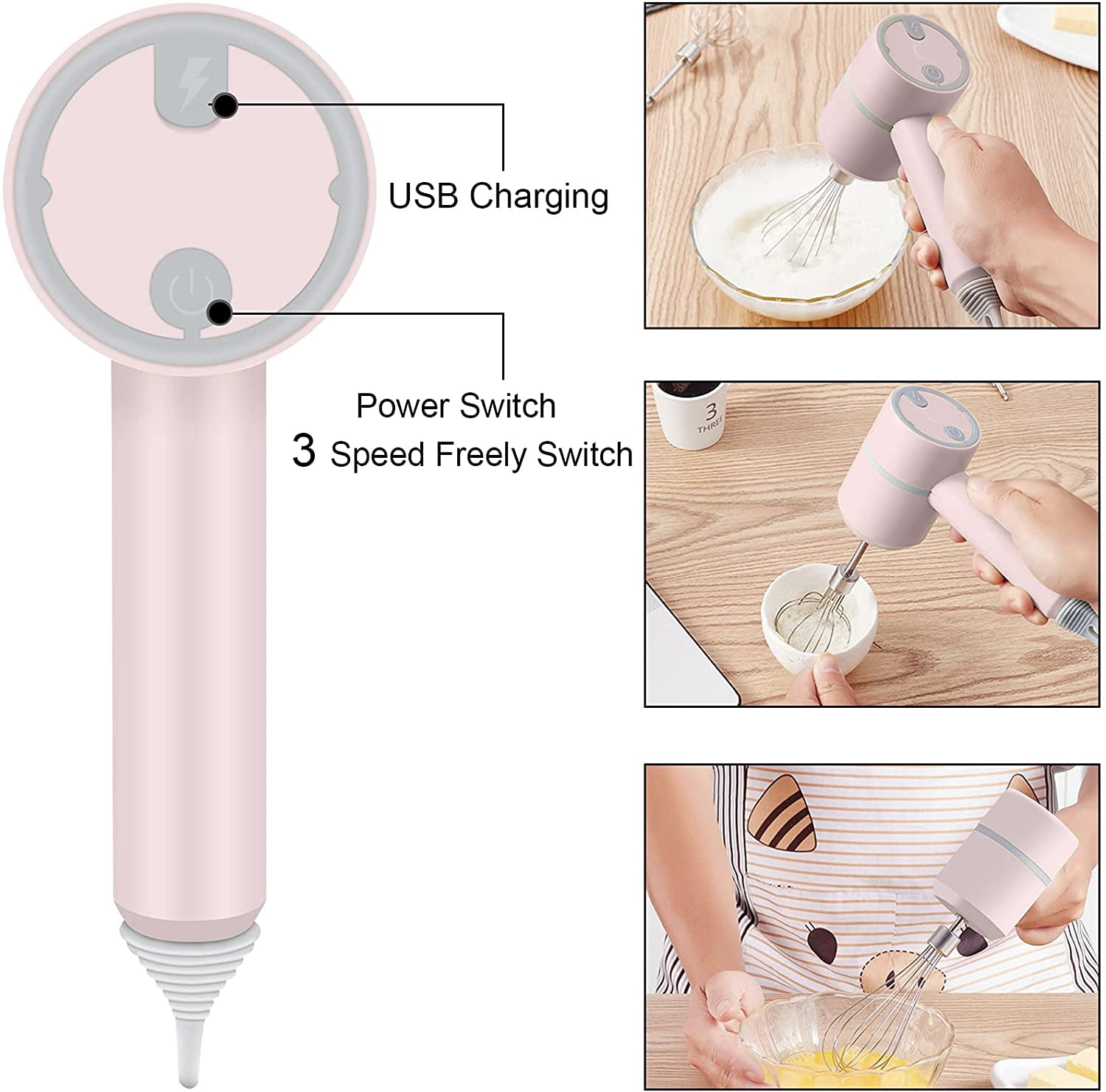 KWELLK Mini Wireless Hand Mixer, 20W Ultra Power Cordless Portable Kitchen Mixer Handheld Mixer With 3 Speed + 5 Stainless Steel Accessories Food Mixer for whisking egg , Cream, Cake