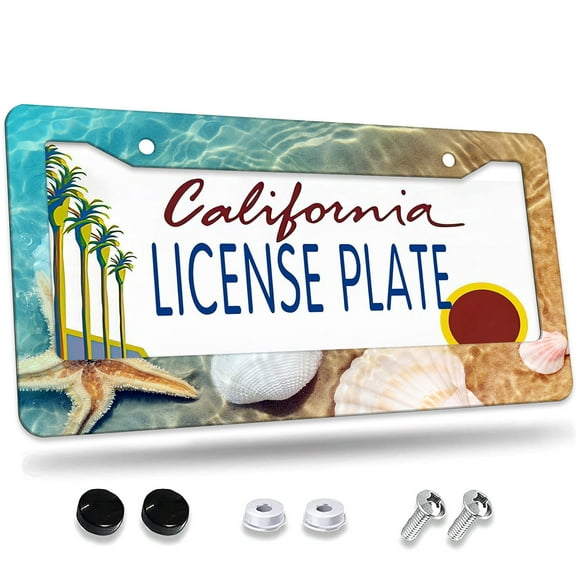 1 Pcs Beach with Seashells and Starfish License Plate Frame,License Plate Cover for Car Decorative Parts,Aluminum License Plate Bracket Holder Rust-Proof for US Standard Car