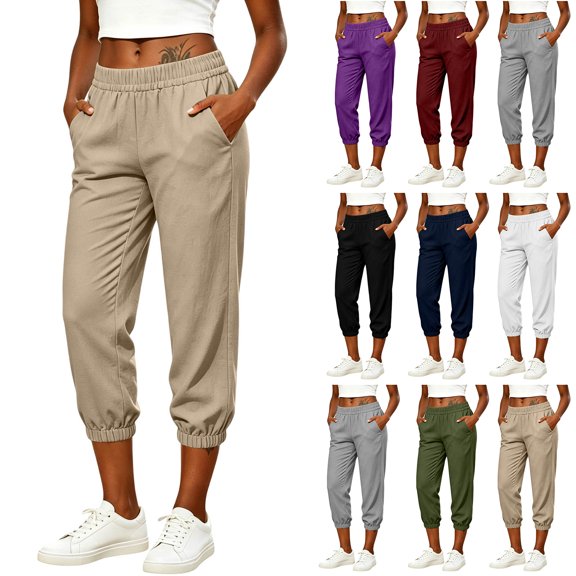 Womens Linen Cropped Jogger Pants Elastic Drawstring Waist Casual Summer Trousers with Pockets Lightweight Lounge Pants, XL