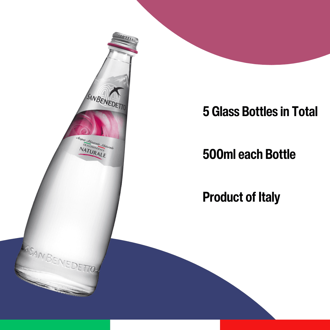 San Benedetto Italian Still Water, 500ml Glass Bottles, Pure Glacier-Sourced Water, Pack of 5