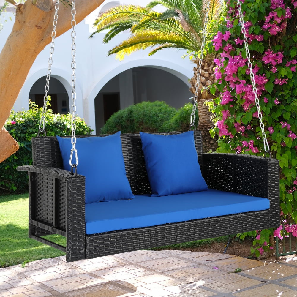 2Person Porch Swing Bench, Outdoor Patio Rattan Swing Chair with 2 Blue Soft Back Cushions