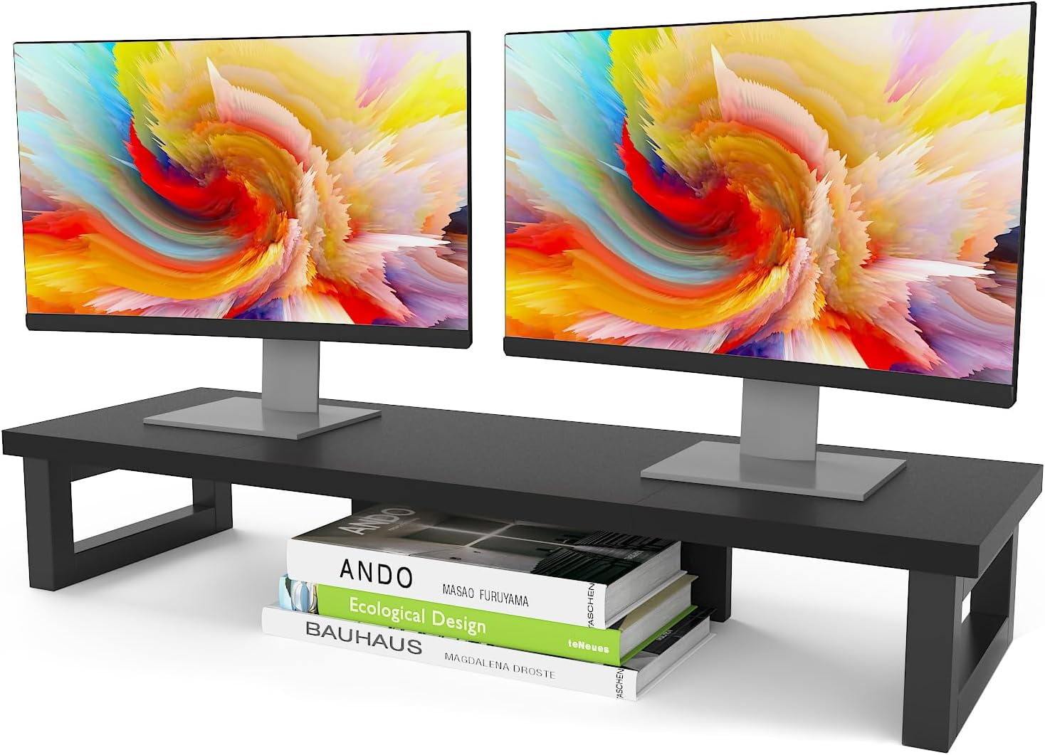 Dual Monitor Stand Riser with Wood and Steel, Multi-Purpose Desktop Storage Stand for Computer, Laptop, Printer, and TV