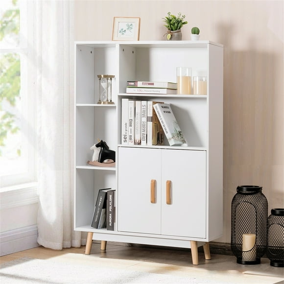Costway Librería de Madera con Dos Puertas con Patas de Madera para Casa Oficina Blanco 59 x 23,7 x 119 cm