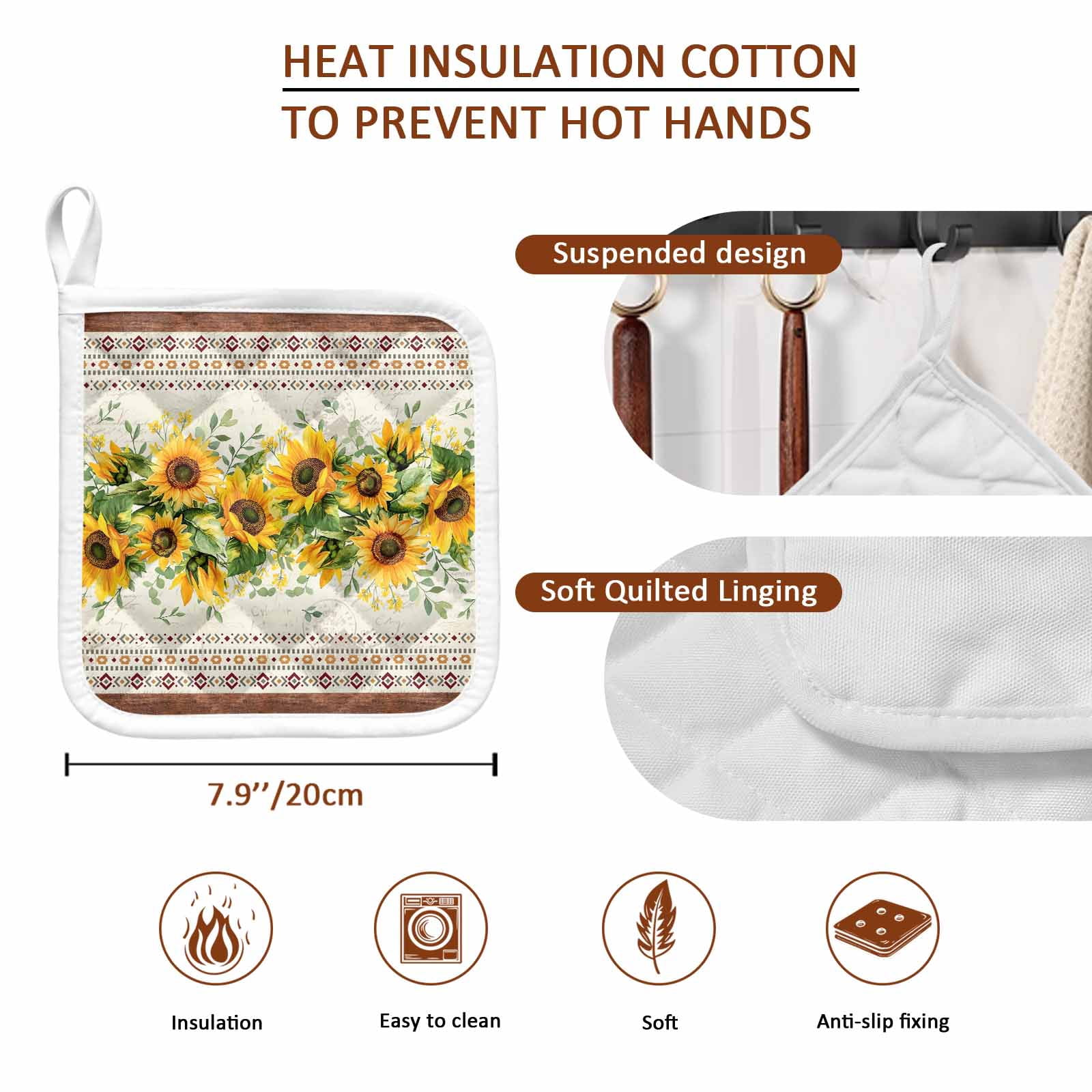Sunflower Brown Pot Holders for Kitchen Heatproof Potholder, 4 Pack Retro Southwest Country Plant Leaf Floral Hot Pads Multipurpose Oven Pads Cloth Potholders Trivet for Cooking and Baking