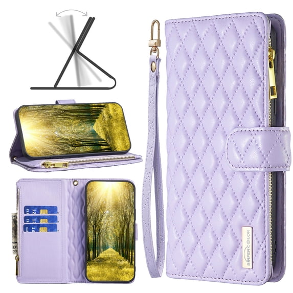 Elegant Wallet Case Compatible with Samsung Galaxy S20 (6.2 inch), Premium PU Leather Zipper Flip Folio Wallet with Wrist Strap Magnetic Closure Built-in Kickstand Protective Case (Purple)