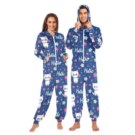 Adult Christmas Onesie Cute Flower Cat Adult Zipper One-Piece Pajamas Unisex Pajamas with Pockets