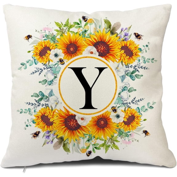 Monogram Letter Y Summer Sunflower Throw Pillow Covers 18x18 Inch, Floral Bee Pillows Covers Decorative Family Last Name Initial Throw Pillowcase Decor for Couch Sofa