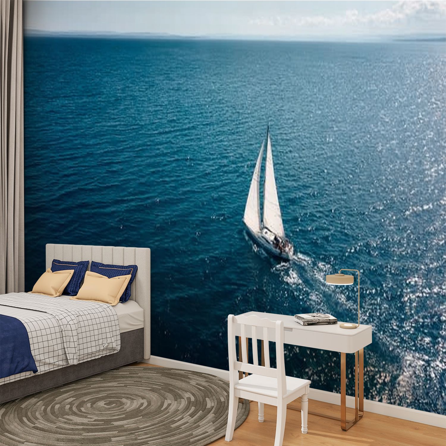 Peel and Stick Wallpaper Aerial view sailing boat Modern Art Wall Mural Decor Self Adhesive and Removable 100in x 144in