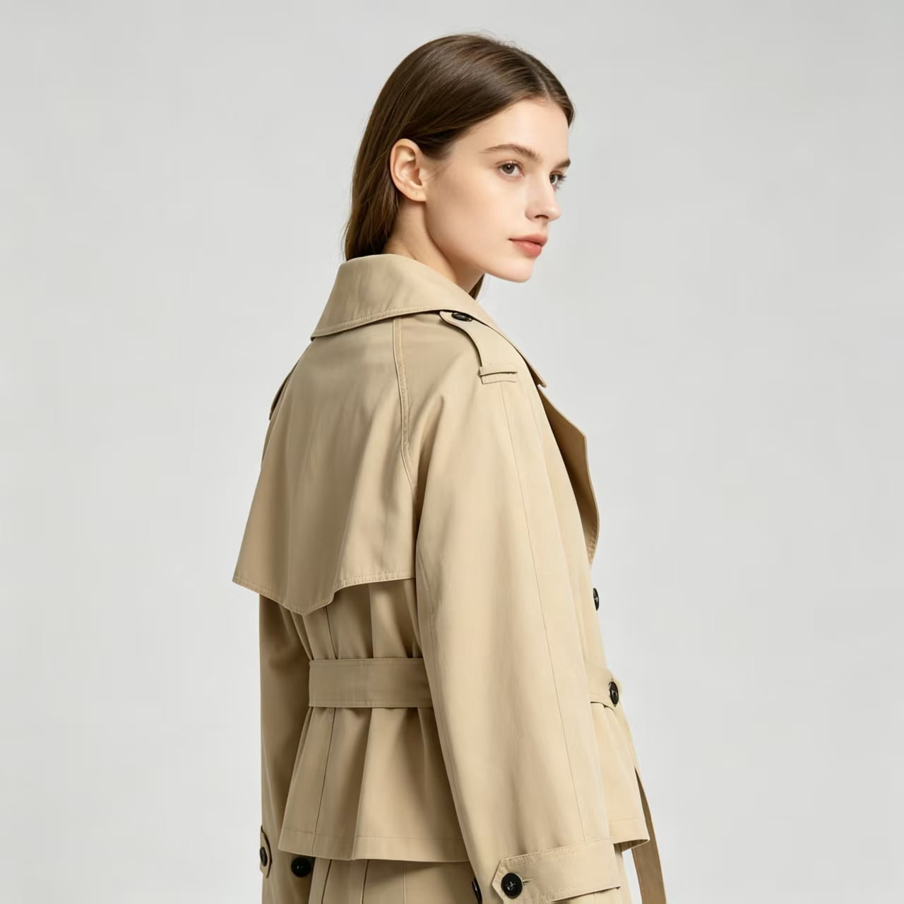 Women's Double Breasted Cropped Trench Coat, Belted Lapel Short Windbreaker Jacket, Sizes XS-L