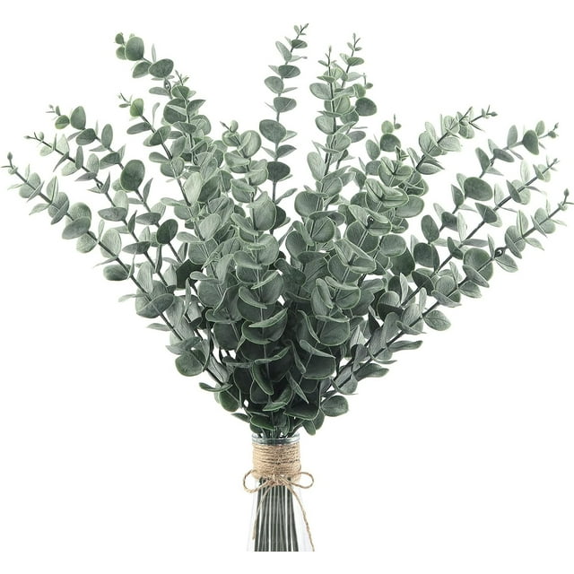 Tallos de eucalipto artificiales para proyectos de bricolaje, ramos florales de aspecto natural y verde escarchado, 20 piezas