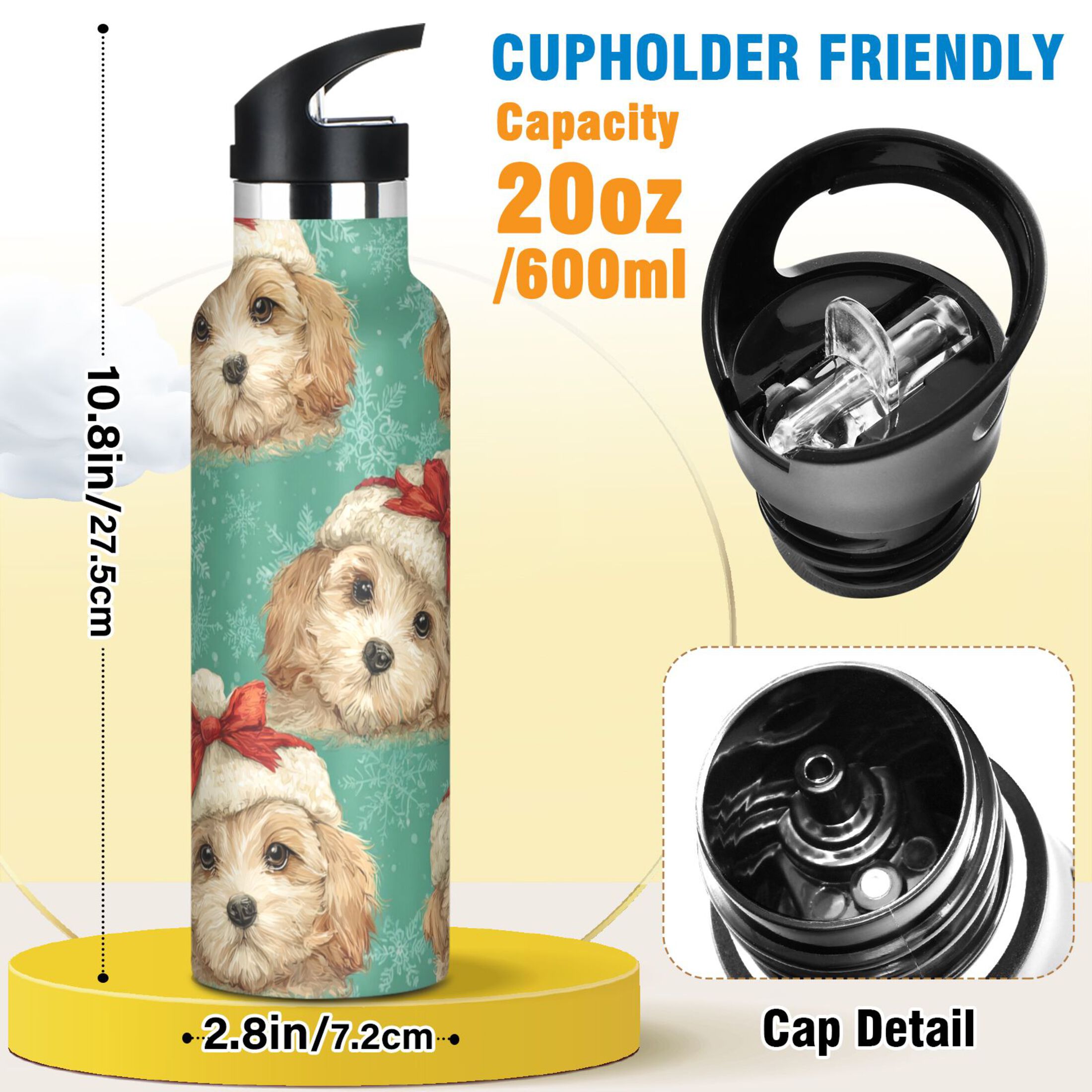 600ML Stainless Steel Insulated Cup Sports Water Bottle Portable Thermos Cup Water Glasses Insulated Tumblers Convenient and Durable Warm Christmas Dog