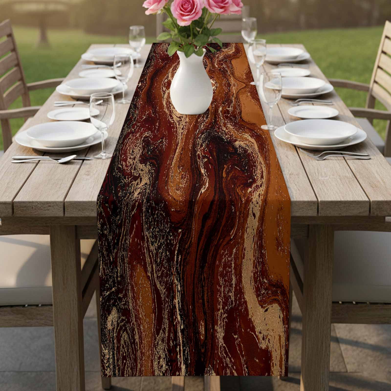 Brown Marble Table Runner, Ombre Abstract Striped Mottled Aesthetic Washable Cotton Linen Table Runners 90 Inches Long, Dresser Scarf Runner for Dining/Coffee/Kitchen/Hallway Tables 13''x90''