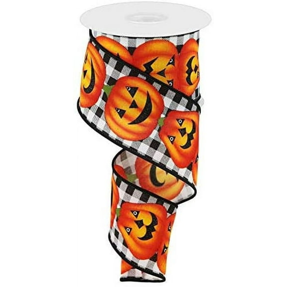 Carved Jack-O'-Lanterns Plaid Wired Ribbon - 2 1/2" x 10 Yards, Black White Buffalo Plaid, Fall Decor, Rustic Orange Pumpkins, Bows, Wreath, Halloween, Thanksgiving
