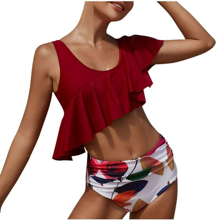 ZQGJB Tankini Swimsuits for Women Plus Size Two Piece Bathing Suits Sexy Flounce Tops with Boyshorts Tummy Control Swimwear(Wine XXXL)