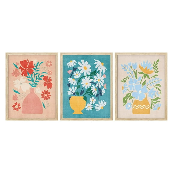 PixonSign Framed Canvas Print Wall Art Set - Botanical Vibrant Flowers Vase Pot Posters - Set of 3 Floral Illustration Preppy Room Decor Wall Décor Chic Boho for Living Room - 12"x16"x3 Natural