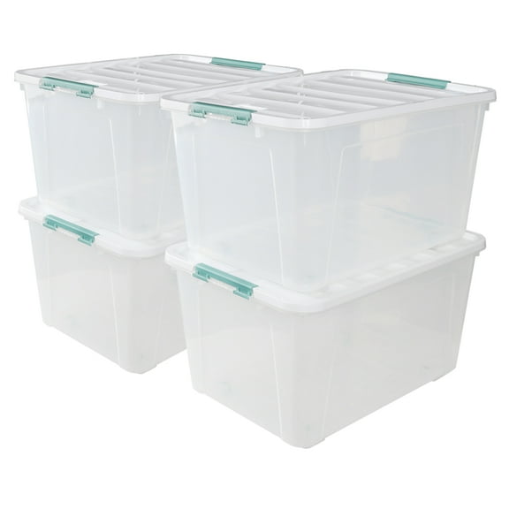 Gloreen 85 Quart Clear Plastic Storage Bin on Wheels, Large Latching Storage Box, 4-Pack