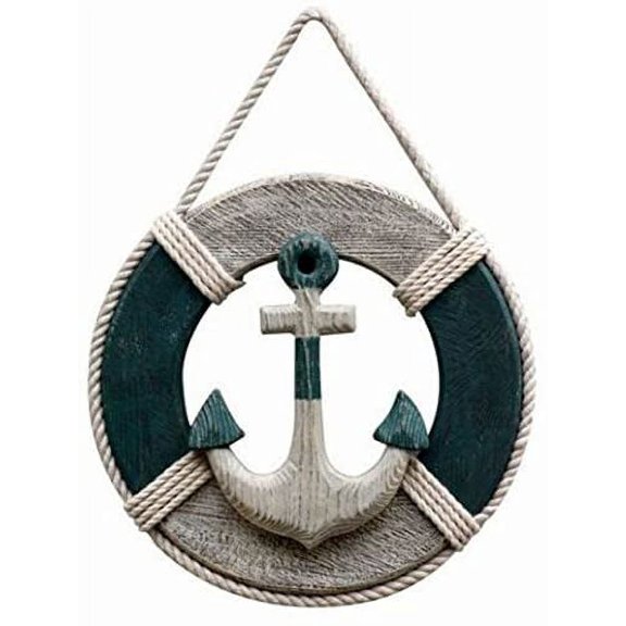 Wooden Buoyant Life Ring Wooden (Dark Green & Grey) - Rope & Anchor Motif - (16 Inches)
