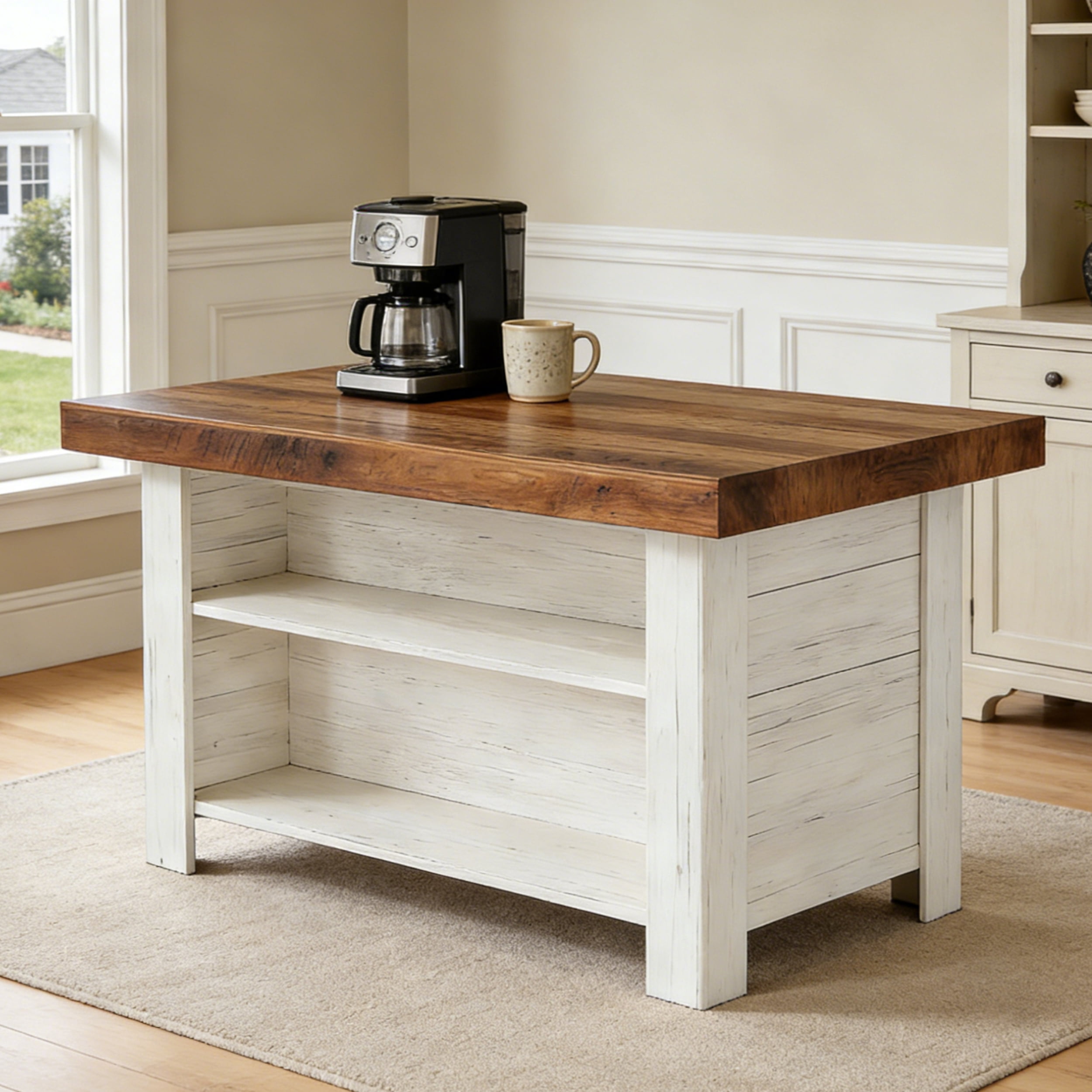 Fnova 55" Farmhouse Kitchen Island with Storage, Wooden Kitchen Table with 2-Tier Storage Shelves & Large Worktop, Modern Large Counter Height Table for Kitchen Prep & Dining