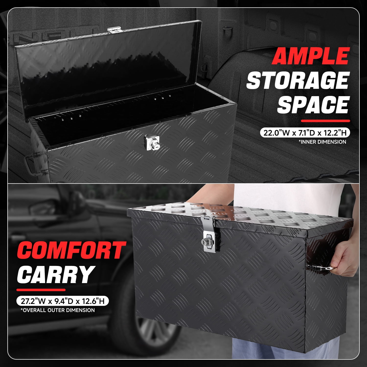 DNA Motoring 27.2"x9.4"x12.6" Aluminum Pickup Truck Trailer Trunk Bed Tool Storage Box w/ Handle Black