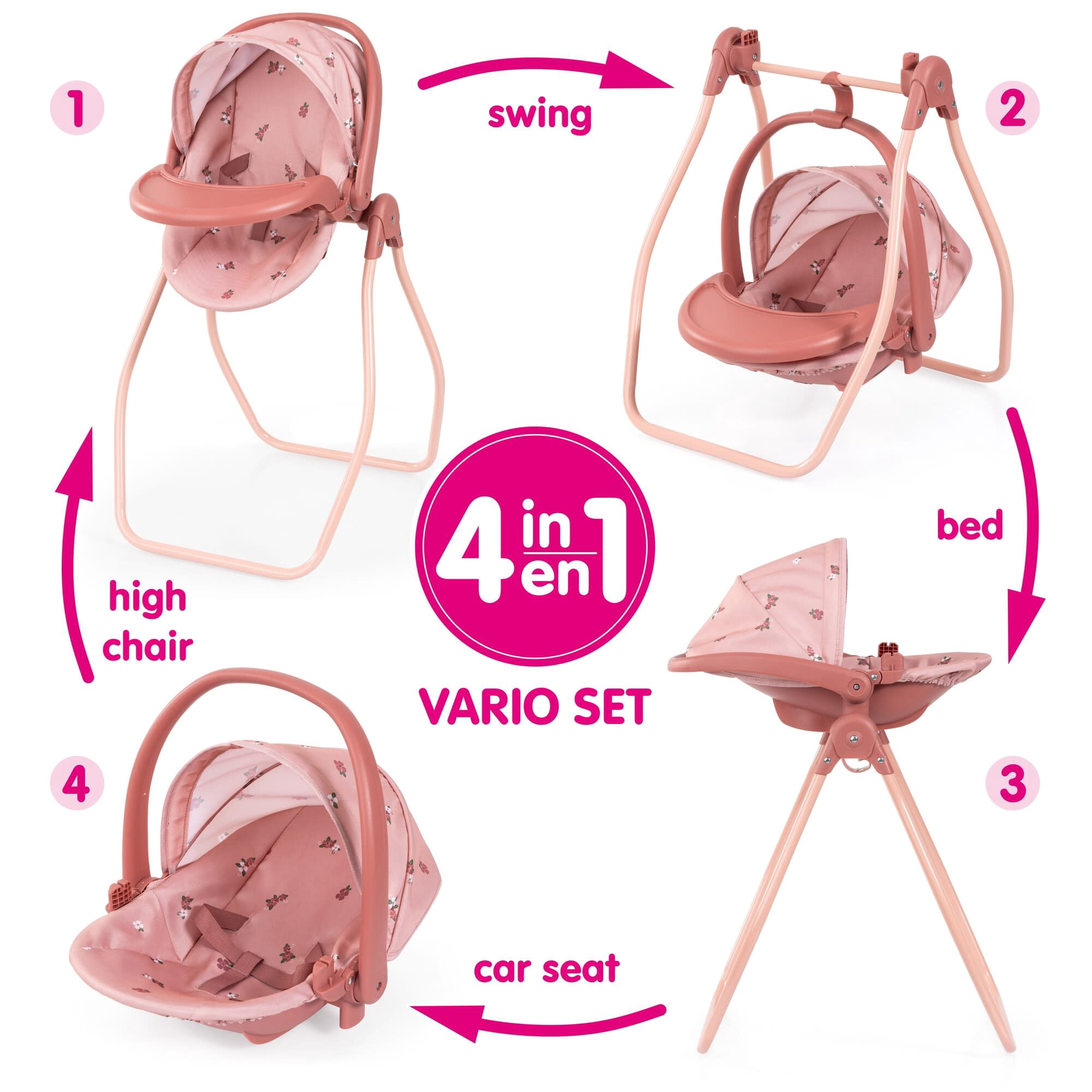 Bayer Design: Doll 4-In-1 Vario - Pink & Flowers - Convertible Toy: Highchair-Swing-Bed-Car Seat, All-In-1 Care Accessory Fits 18" Dolls, Kids 3+