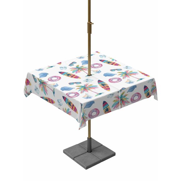 Square Outdoor Tablecloth with Umbrella Hole Summer Beach Table Cloth Waterproof Patio Table Cover Colorful Surfboard Swim Ring Palm Tree Zipper Tablecloths for Picnic Party Camping 54x54 Inch