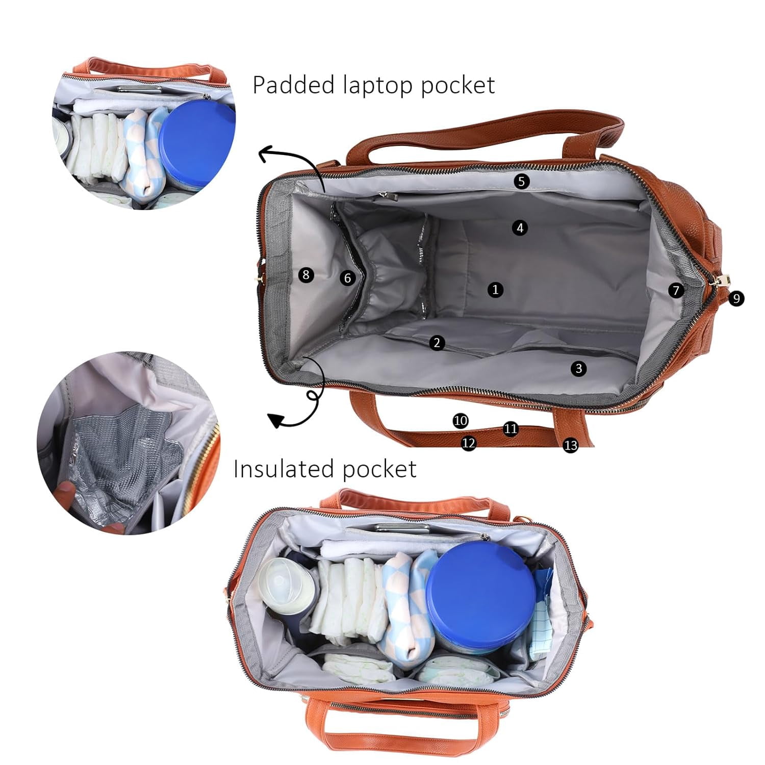 Diaper Bag Tote, Tote bag with 13 Pocket Waterproof Mom Bag , Stylish Leather Crossbody Diaper Bag for Travel(Orange)
