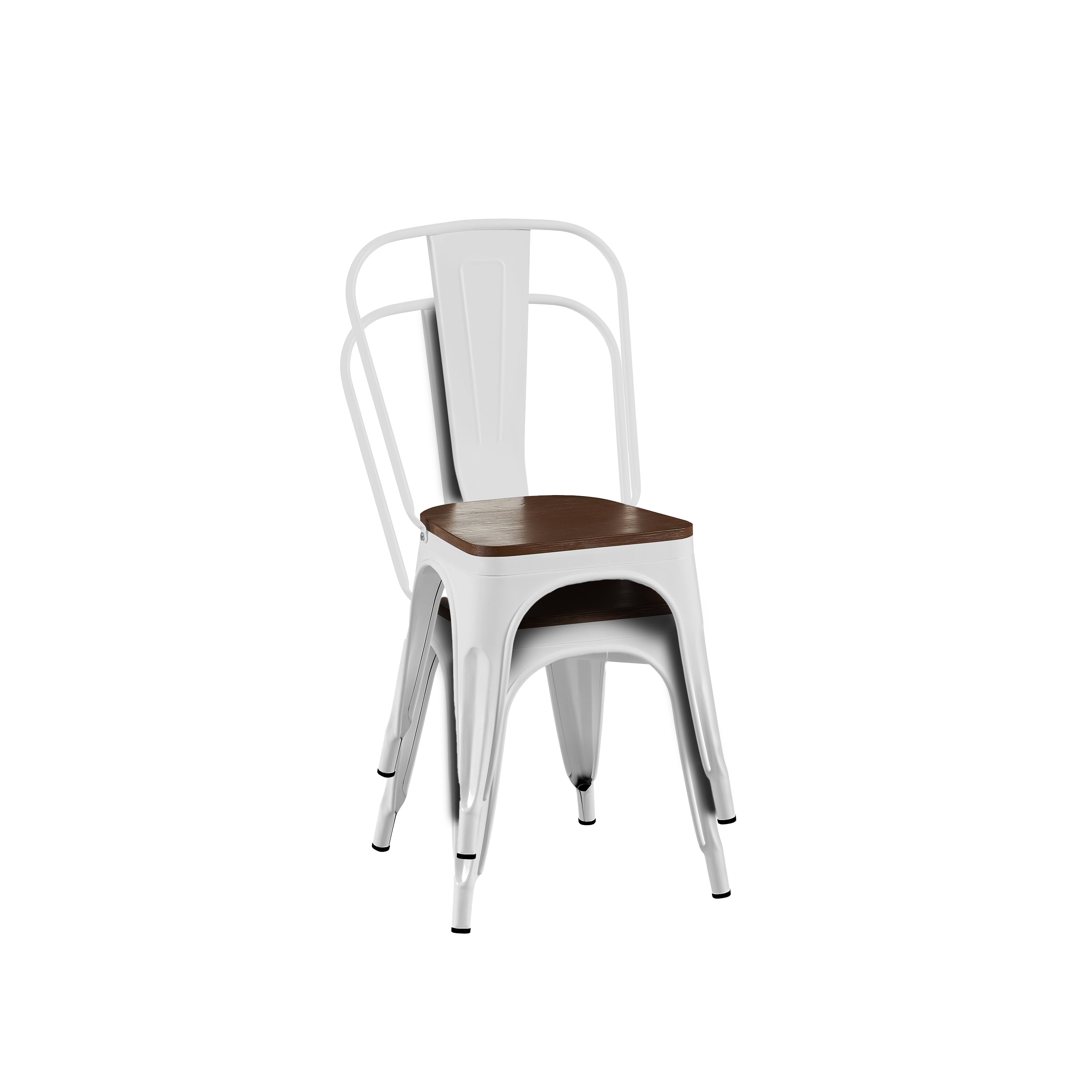 High Gloss White with Walnut Wooden Seat Industrial Metal Dining Chairs 18 Inch Seat Height Stackable, Set of 4