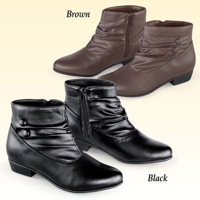 - Leather Faux Button Ankle Slouch Boots w/ Low Heel, Black, 11