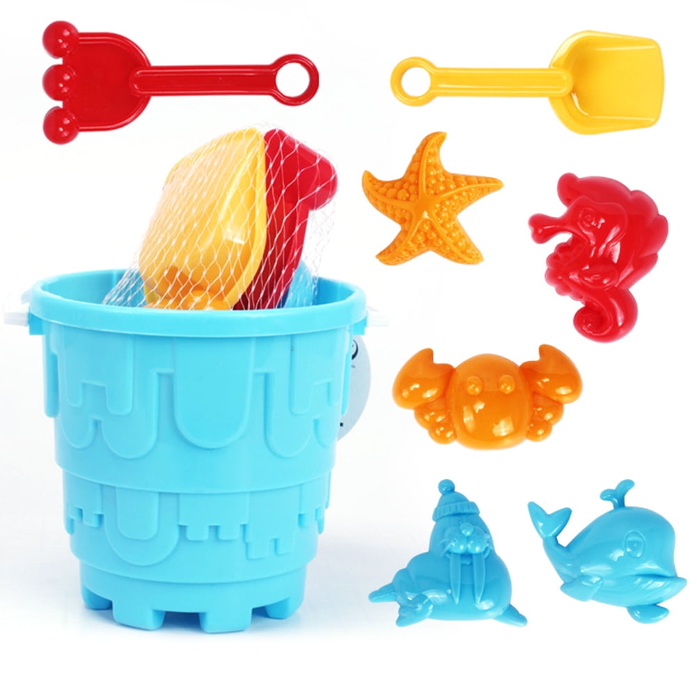 8 Pcs Children's Beach Bucket Toys Set with Mesh Bag, Summer Dredging Playing Sand Water Toys