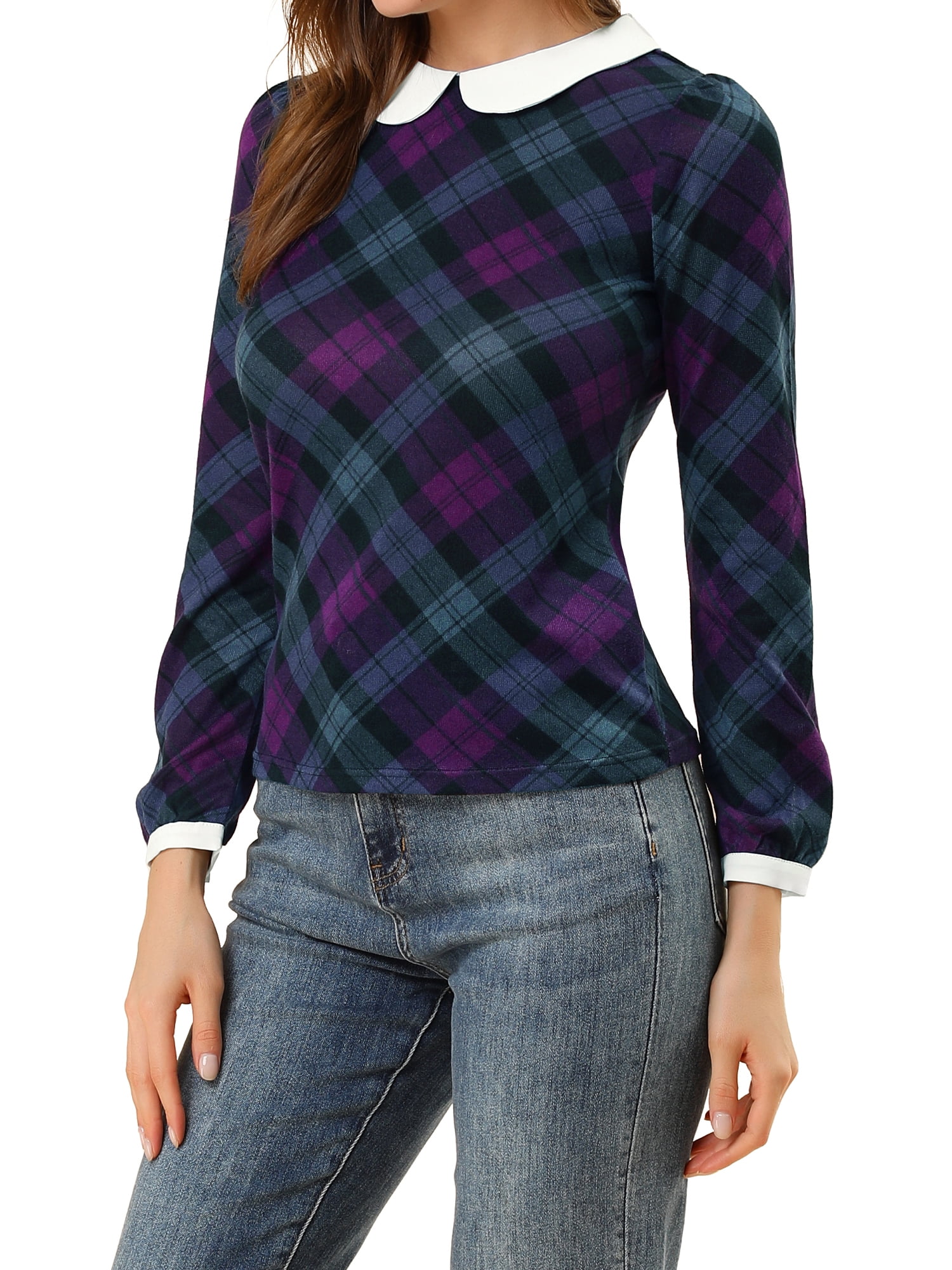 Unique Bargains Women's Peter Pan Collar Puff Sleeve Contrast Plaid Shirt Blouse
