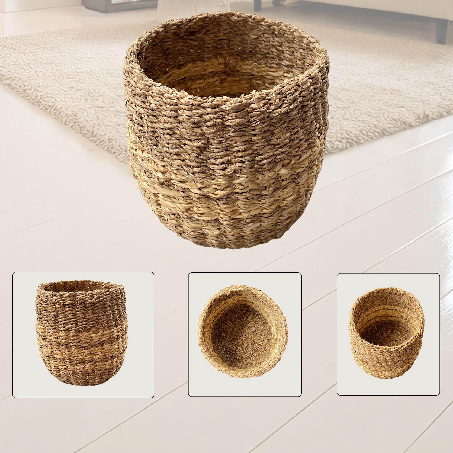 Laquedecraft Handwoven Natural Storage Seagrass Basket Basket for Bathroom, Bedroom, Office, Under Desk Use