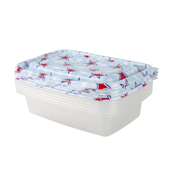 Cook With Color 12 Piece Stackable Plastic Food Storage Container Set, 1000 ml Rectangular Containers with Printed Lids, Light Blue Stars