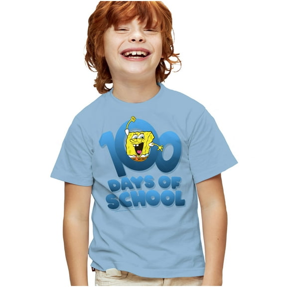 SpongeBob 100 Days of School Kids T Shirt for Youth Boys and Girls, Light Blue, X-Large