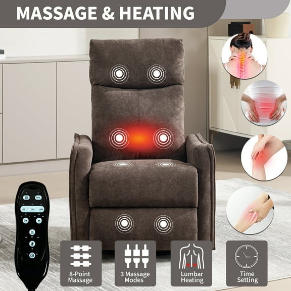 Heat Massage Recliner Chair, Swivel Rocker Chair with Lumbar Heat & Vibration Massage, Manual Recliner for Living Room, Home Office, Brown