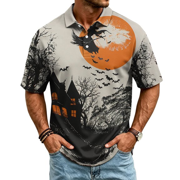 JULMCOMO Halloween Polo Shirts for Men Pumpkin Bat Castle Print Quick Dry Short Sleeve Casual Loose Golf Shirts Holiday Party Graphic Tees Orange 2XL