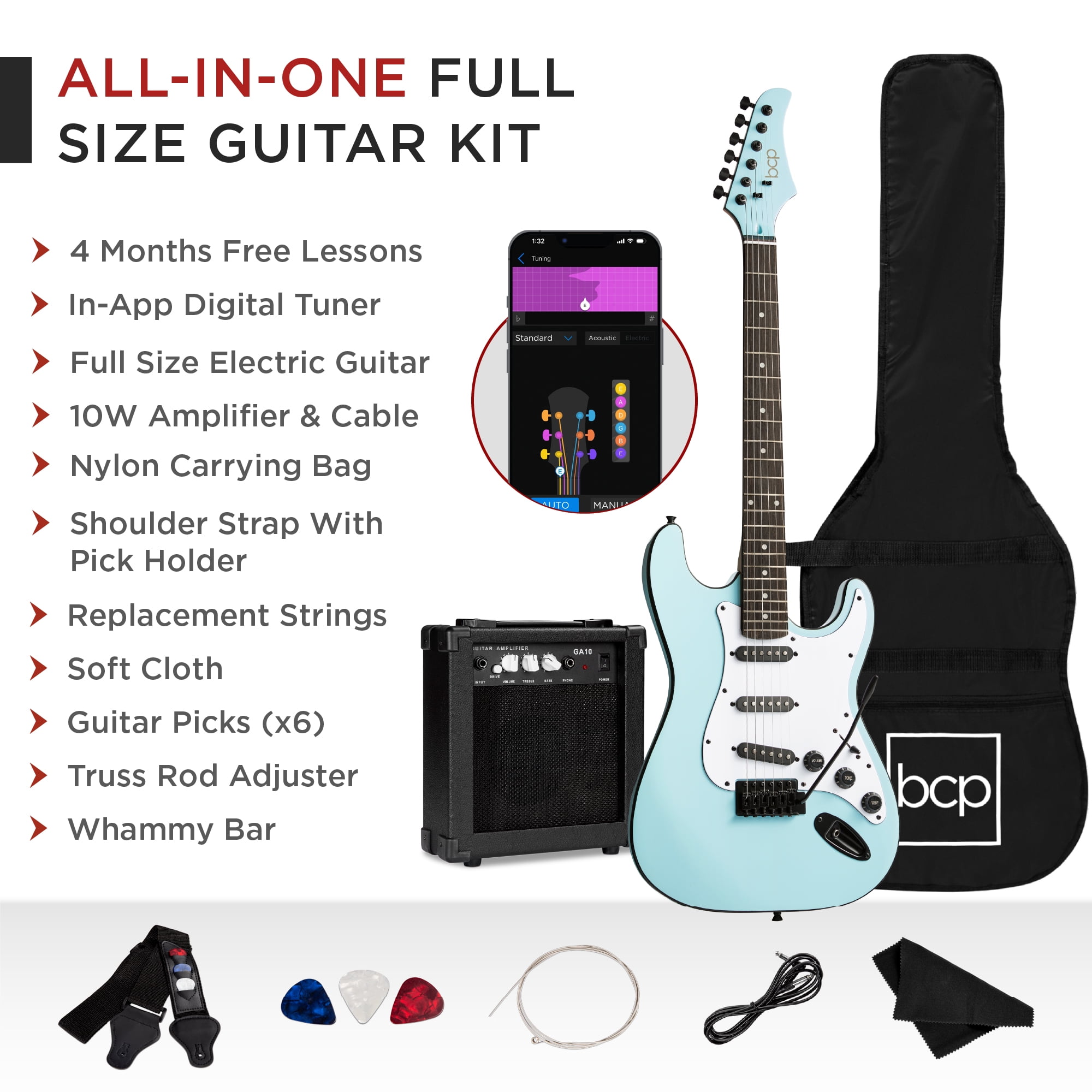 Best Choice Products 39in Full Size Beginner Electric Guitar Kit with Case, Strap, Amp, Whammy Bar - Powder Blue